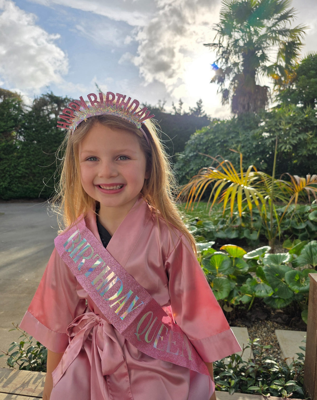 Birthday Child Luxe Upgrade with pink satin robe, birthday headband and sash