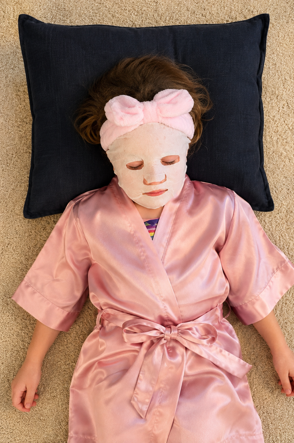 Child enjoying the Mini Luxe Spa Party in a pink satin robe, bow headband and face mask.